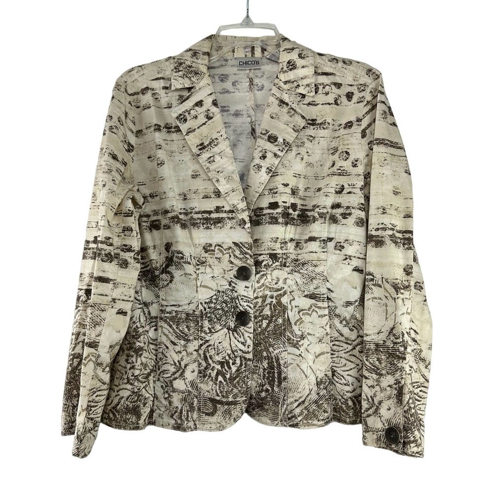 Chicos Light Weight Jacket Womens Size 1 US S Brown Cream Button Long‎ Sleeve